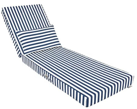 DÉCO Arts Colchoneta Tumbona 190x60x10 cm con Reposacabezas — Cojín Tumbona Desenfundable Repelente al Agua Anti-UV — Tela 270 g/m² Oeko-Tex — Exterior Jardín — A Rayas Azul Marino