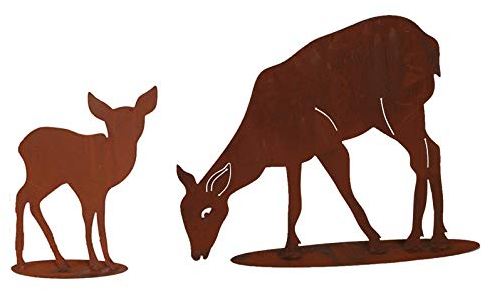 2er Set Fressendes REH MIT REHKITZ Kitz Hirsche Rehe äsend Rost Edelrost Metall Tier + Original Pflegeanleitung von Steinfigurenwelt