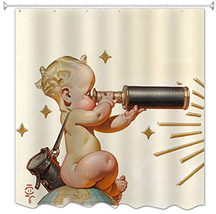 A.Monamour Beige Fondo Lindos Telescopio Bebé Antigüedad Viejo Aceite Pintura Arte Impresión Tela Poliéster Impermeable Moho Resistente Cortina para Baño Accesorio 180X200 Cm / 72X 78