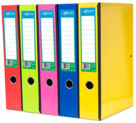Star Online Office Box Files Colourful Spine Lock Spring Foolscap Paper Over Board with Pull Finger - Assorted Pack 5