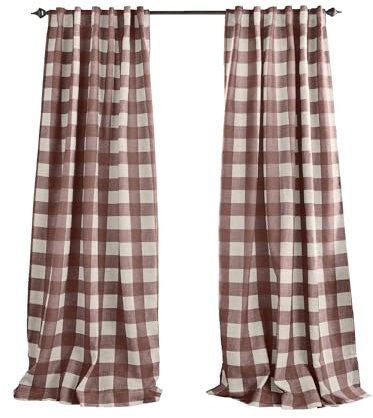 Elrene Farmhouse Living Grainger - Tenda oscurante per finestra, motivo a quadri, in poliestere, lino, rosso, 132 x 213 cm (larghezza x lunghezza), confezione da 1