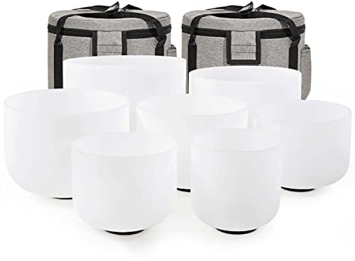CVNC Lot de 7 bols chantants en cristal de quartz givré avec 2 étuis de transport pour la guérison par le son et la méditation 15 à 30 cm 432 Hz