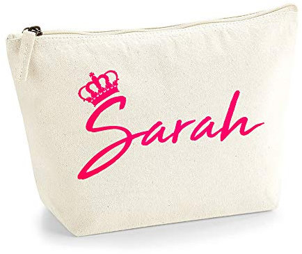Personalisiert Name Initialen & Königin Krone Kosmetiktasche Damen Schminktasche für Handtasche Makeup Tasche - Glitter oder Flocke Material Druck - Neonrosa Flocke - S - Natürlich