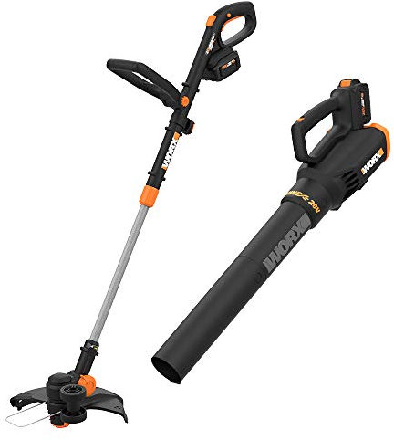 WORX WG930.3 20V PowerShare 10 Cordless String Trimmer & Turbine Blower Combo Kit, (2) 4.0Ah Batteries and Dual Charger