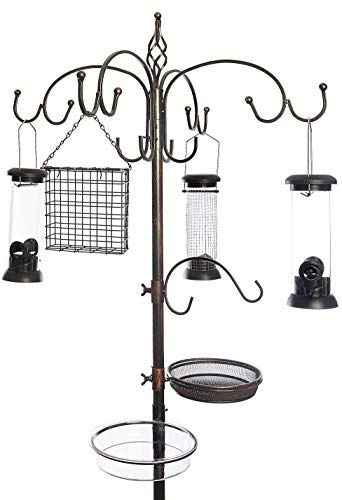 Bronze Effect Garden Ultimate Wild Bird Metal Feeding Station Complete With 4 Black Bird Seed and Peanut Suet Feeders Micro Mesh Dish and Water Bathing Bowl