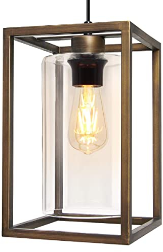 Antique Brass Lantern Ceiling Pendant Light Rectangular Frame with Clear Glass Shade Heritage Vintage M0155F