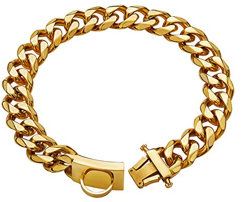 Goldenes Hundehalsband mit Metallkette, mit sicherem Design, 18 Karat vergoldetes kubanisches Glied, 19 mm dick, robust, kaufest, für mittelgroße und große Hunde (55,9 cm)