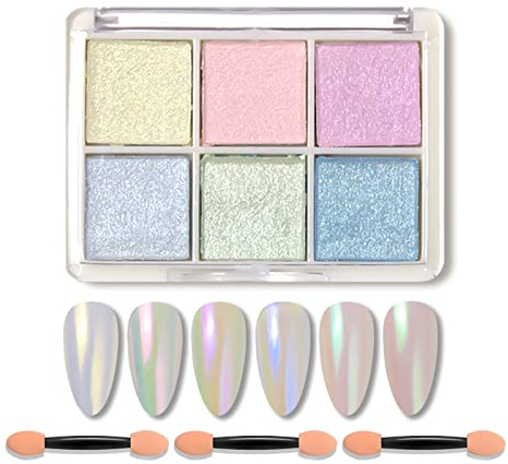 Chrome Nail Powder,6 Color Mermaid Neon Nail Glitters Powder Gel Polish Metallic Nail Art Pigment Powder Set with Nail Sponge Brushes for Nail Art Decoration (A)