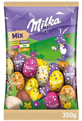 Milka Eier Mix 1 x 350g I Osterschokolade Einzelpackung I 5 Geschmacksrichtungen I für das Osternest und zum Verstecken I Süßigkeiten zu Ostern aus 100% Alpenmilch Schokolade