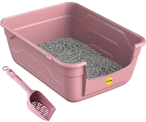 CAT CENTRE Pink Large Cat Kitten Litter Tray Box + Waste Scoop Set High Sided Deep Toilet Loo Adult Cats Kitten Pan Pet Loo Easy Cleaning Lowered Entry Step 11.5cm Easy Access Elderly Cat Trays