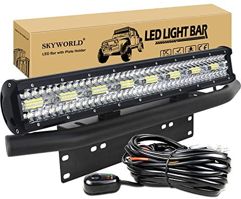 SKYWORLD 8D 23 inch 480W LED Light Bar with 12V Wiring Harness Kit, License Plate Mounting Bracket, Waterproof Offroad Bar Lamp Driving Fog Lights for 4x4 Car Truck SUV Van Pickup, 6000K White