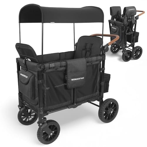 WonderFold W2 Luxe KinderVan mit 2 Hochsitzen mit 5-Punkt-Sicherheitsgurten, verstellbarem Schiebegriff und höhenverstellbarem UV-Schutzverdeck, Volcano Black