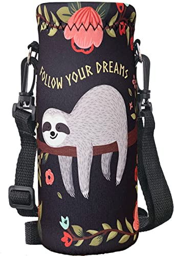 RICHEN Neoprene Water Bottle Carrier Bag with Adjustable Shoulder Strap,Insulated Water Bottle Cover for 1000ml/32oz Stainless Steel/Glass/Plastic Bottles (1000ML, Sloth)