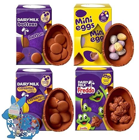 Easter Eggs Chocolate Bulk for Easter Gifts - Hamper of 4 Milk Chocolate Eggs: Caramel Nibbles, Buttons, Mini Eggs, Freddo & Topline Hanging Decoration. Chocolate Gift for Egg Hunt, Easter Basket