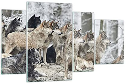 Mehrteilige Bilder auf Glas Rudel Wölfe Winter Glasbild 120x70cm Wandbilder Dekoration Wohnzimmer Schlafzimmer Küche Set 4 teilige Groß Wanddeko Bild im Glas Wand Kunstdruck Art Modern GDL120x70-4357