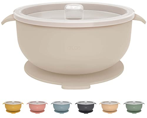 Olgs Silikon Schüssel mit Deckel & Saugnapf für Baby und Kinder | Breischale rutschfest Grau, Beige | Kindergeschirr Silikonschüssel für Junge/Mädchen | BPA-frei, Spülmaschinenfest (Greige)