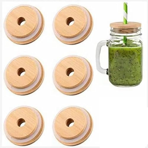 MASINIES 6pcs Bamboo Jar Lids with Straw Holes, Reusable, Airtight, Brown, Round, 6PCS