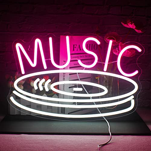 FAXFSIGN Music Record Neon Sign Pink White Led Neon Light Signs for Wall Decor Usb Light Up Signs for Bedroom Studio Music Live Record Store Kids Room Party Decoration