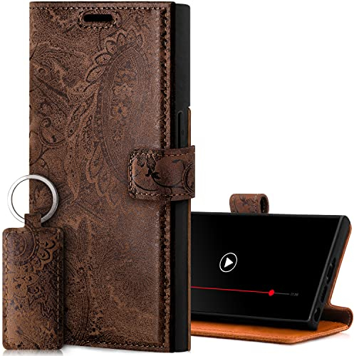 SURAZO Handyhülle für Samsung Galaxy S23 Ultra Hülle Leder – Klappbare Echtleder Schutzhülle [Magnet, Kartenfach, RFID Schutz, Blumenmuster] Flip Klapphülle Wallet Case Cover Lederhülle (Braun)