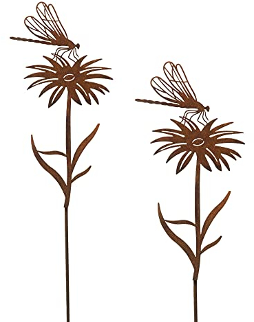 Bornhöft Gartenstecker 2er Set Libelle auf Blume Metall Rost Gartendeko Edelrost rostige Deko Beetstecker Insekt