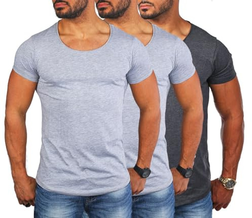Young & Rich Herren Uni T-Shirt mit tiefem Rundhals Ausschnitt einfarbig körperbetontes Basic Tee Vintage Look 1702