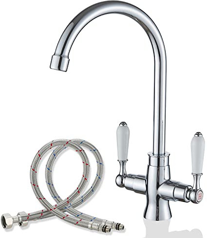 Kitchen Mixer Tap Chrome 1 Hole Brass Material Dual Lever Monobloc Gooseneck High Arch 360 Swivel Hot and Cold Sink Taps Deck Mount for Kitchen UK Standard with Flexi Tails Easy to Install