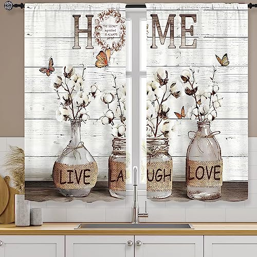 Famiffty Rusitc Farmhouse Cotton Kitchen Curtains 27.5W X 39L Inch 2 Panels Rod Pocket Country Retro Wood Vintage Small Short Cafe Curtain Inspirational Window Drapes Treatment Bathroom Home Decor