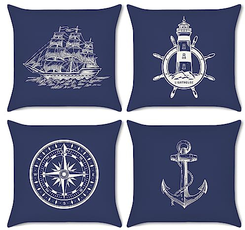 Bonhause 4er Set Kissenbezüge Nautisch Maritim 40 x 40 cm Doppelseitig Anker Kompass Segelboot Polyester Leinen Dekorative Kissenhülle Zierkissenbezüge für Sofa Wohnzimmer Zuhause Dekoration