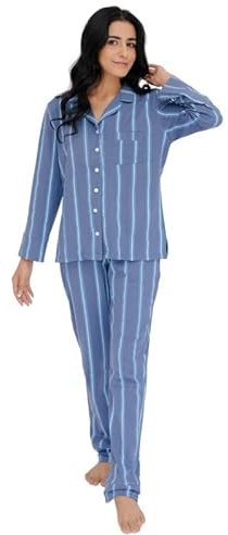 SNOOZE OFF Damen Schlafanzug | Klassisches Streifen-Design in Blau | 100% Baumwolle | Weicher Pyjama mit Knopfleiste, V-Ausschnitt & Brusttasche | Lange Ärmel & Hose