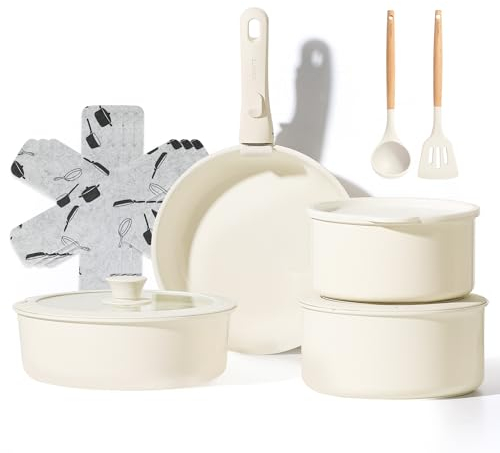 CAROTE Juego de 13 ollas y sartenes de cerámica con mango desmontable, ollas antiadherentes con mango extraíble, para horno y para todas la cocinas incluidas las de inducción, blanco crema