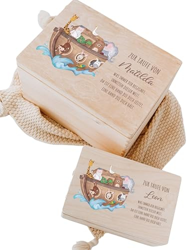 wunderwunsch® - Personalisierte Erinnerungsbox Baby mit Spezial-Druck - Baby Erinnerungsbox - Erinnerungskiste aus Holz - Geschenk zur Geburt (Tiere Arche Noah, S | 30 x 20 x 14 cm)