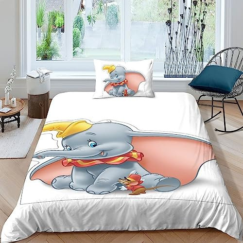 EVMILA Dumbo Für Kinder Mädchen Jungen Bettwäschegarnitur 3D Gedruckter Bettbezug Set Und Kissenbezüge Weich Microfaser Reissverschluss Bettwäsche 2 Teilig Single(135x200cm)