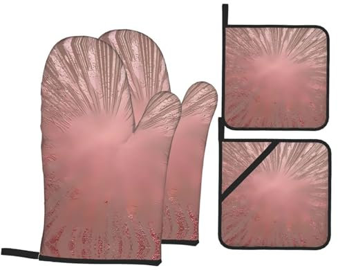 Trukd Rose Gold Pink Oven Gloves-2 Gloves And 2 Pot Holders-Kitchen, Microwave,Bbq-Heat Resistance