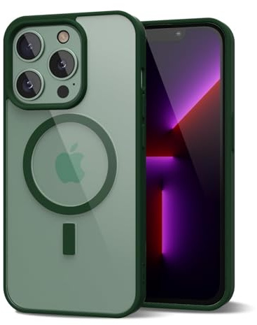 oakxco for iPhone 13 Pro Case Clear Magnetic Compatible with Magsafe, Thin Slim Transparent Non Yellowing, Hybrid Soft Silicone Bumper & Hard Plastic Protective Cover for Women, Dark Green