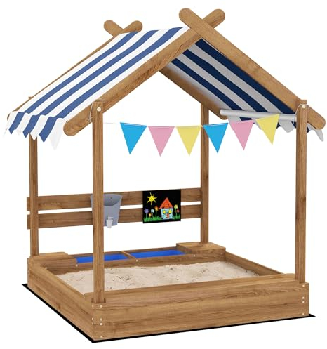 Outsunny Bac à Sable Bois Forme de Maison pour Enfant 124 x 116 x 146 cm - avec auvent, 2 bacs, évier, Tableau Noir, fanions - Bois Sapin Autoclave