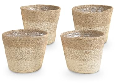Bloomique - Pot à Plantes Tressé Maki - Lot de 4 Pots - Beige - Ficelle de Jute - Panier pour Plantes d'intérieur et extérieur - H13x Ø12