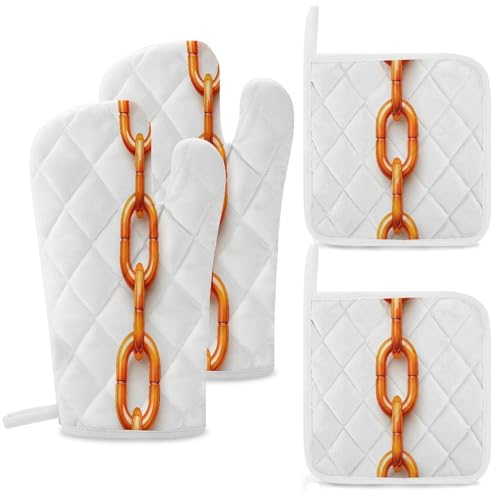 Set di 4 guanti da forno e presine arancioni con motivo a catena, resistenti al calore, antiscivolo, con fodera in morbido cotone, guanti spessi da cucina, presine per cottura al forno, barbecue