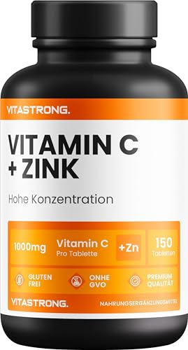 Vitamine C 1000mg Zinc Vitastrong Vegan, 1 Comprimé/Jour (pour 5 Mois) Qualité Premium, Complément Vitamine C Zinc Haut Dosage pour Fatigue, Système Immunitaire Adulte & Peau (EFSA)