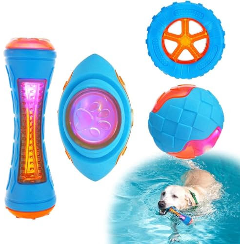 Lot de 4 jouets de piscine pour chien, balles couinantes, jouets interactifs avec flotteur couineur intégré pour chiens de petite et moyenne taille, entraînement intérieur et extérieur, nettoyage des