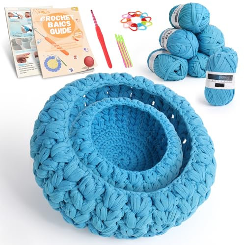 Aeeque Korb Häkeln Set, Textilgarn zum Häkeln für Körbe, Häkelset für Anfänger mit Anleitung zum Häkelkorb, DIY Häkeln Schalen Set, Starter Häkel Set Lernen (Blauer See)