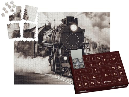 puzzleYOU: Puzzle-Adventskalender | „Der Dampfzug fährt vom Bahnhof in Riga ab“ – aus der Puzzle-Kollektion Eisenbahn, Lokomotive, Schwarz-Weiß