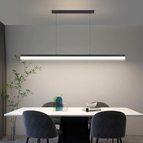 100CM Modern Linear Pendant Light with Remote Control, 10%-100% Dimmable Lighting Chandeliers, Light Fixture with 1.5m Adjustable Cords for Dining Room Kitchen Island Living Room Restaurant Office