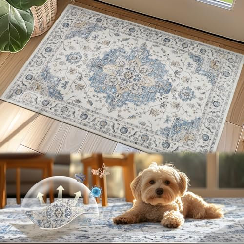 TOPICK Teppich Wohnzimmer Waschbar Kurzflor Retro Teppich 120x180cm Blau Blumen Orientalischer Antibakterieller Faltbar Weich rutschfest Schlafzimmer Kinderzimmer Wohnzimmer Flur Badezimmer
