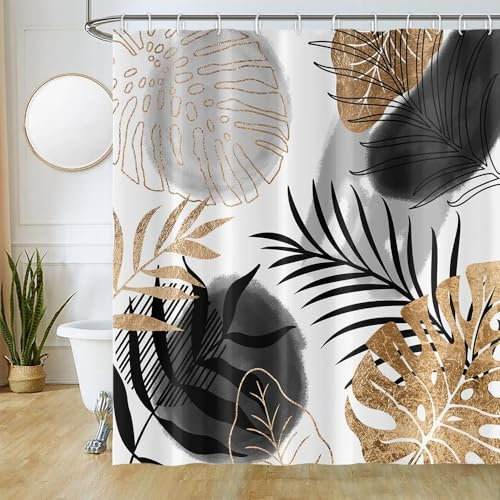 Uiiooazy Rideau Douche Anti Moisissure, Rideau de Douche 180x200cm Tropicale Noir Doré Feuilles de Palmier Jungle Rideaux de Baignoire Tissu Lavable Imperméable Rideaux Salle de Bain avec 12 Crochets