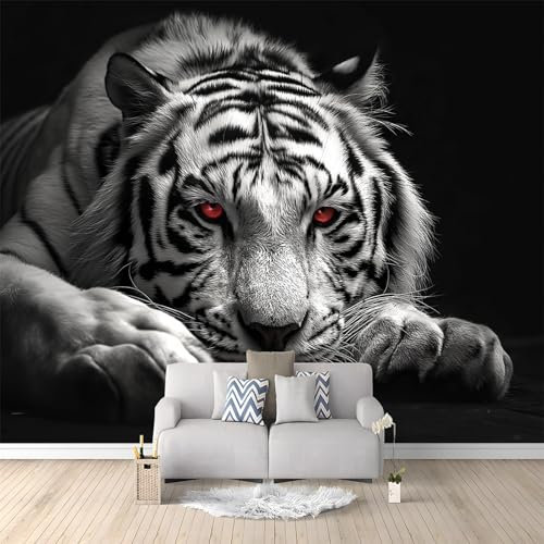Papier Peint intissé Animal Tigre Blanc Noir 350x256 cm Papier Peint Photo Panoramique, Poster Geant Mural Personnalisé 3D, pour Salon Cuisines Chambre Adulte Enfant Décor Murale