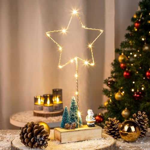 Gravidus LED-Metallstern auf Holzständer mit 15 warmweißen LEDs Weihnachtsdeko batteriebetrieben