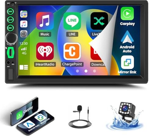 CAMECHO Double Din Wireless CarPlay Car Radio 2 Din Wireless Android Auto 7 Inch Touchscreen Bluetooth Car Radio with Mirror Link SWC FM Radio AUX USB + Reverse Camera+ MIC