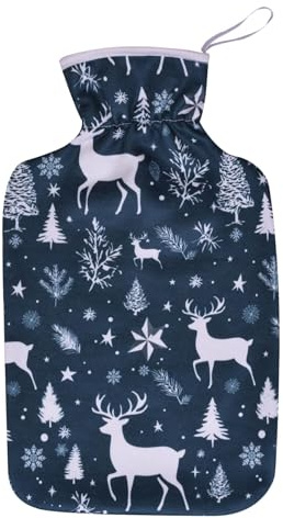 A2Z 2L Christmas Reindeer Snowflake Hot Water Bottle Fleece Cover | Leak Proof Rubber Core Festive Winter Sofa Bedtime Neck Shoulder Warm