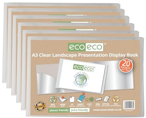 eco-eco Lot de 6 porte-vues A3 50% recyclés avec 20 pochettes en plastique - Format paysage transparent - Eco176 x 6