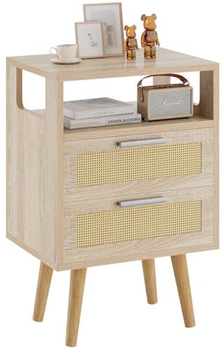 YMYNY Nightstand with 2 Drawers, Boho Side Table, Handmade Rattan Decorated, Open Shelf Unit with Arched Design, Solid Wood Legs, Storage Cabinet for Bedroom, Living Room, Natural HST015N